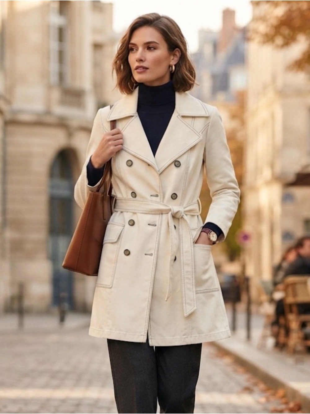 London Fog Vintage 70s Ivory Trench Coat with Contrast Navy Stitching SZ 7/8